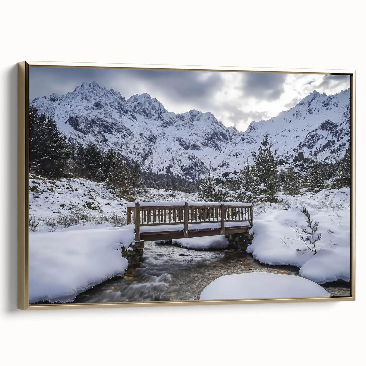 Framed canvas artwork showcasing a stunning landscape view of a bridge, highlighted by elegant gold accents, ideal for home decor and art enthusiasts.