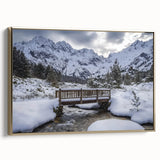 Framed canvas artwork showcasing a stunning landscape view of a bridge, highlighted by elegant gold accents, ideal for home decor and art enthusiasts.