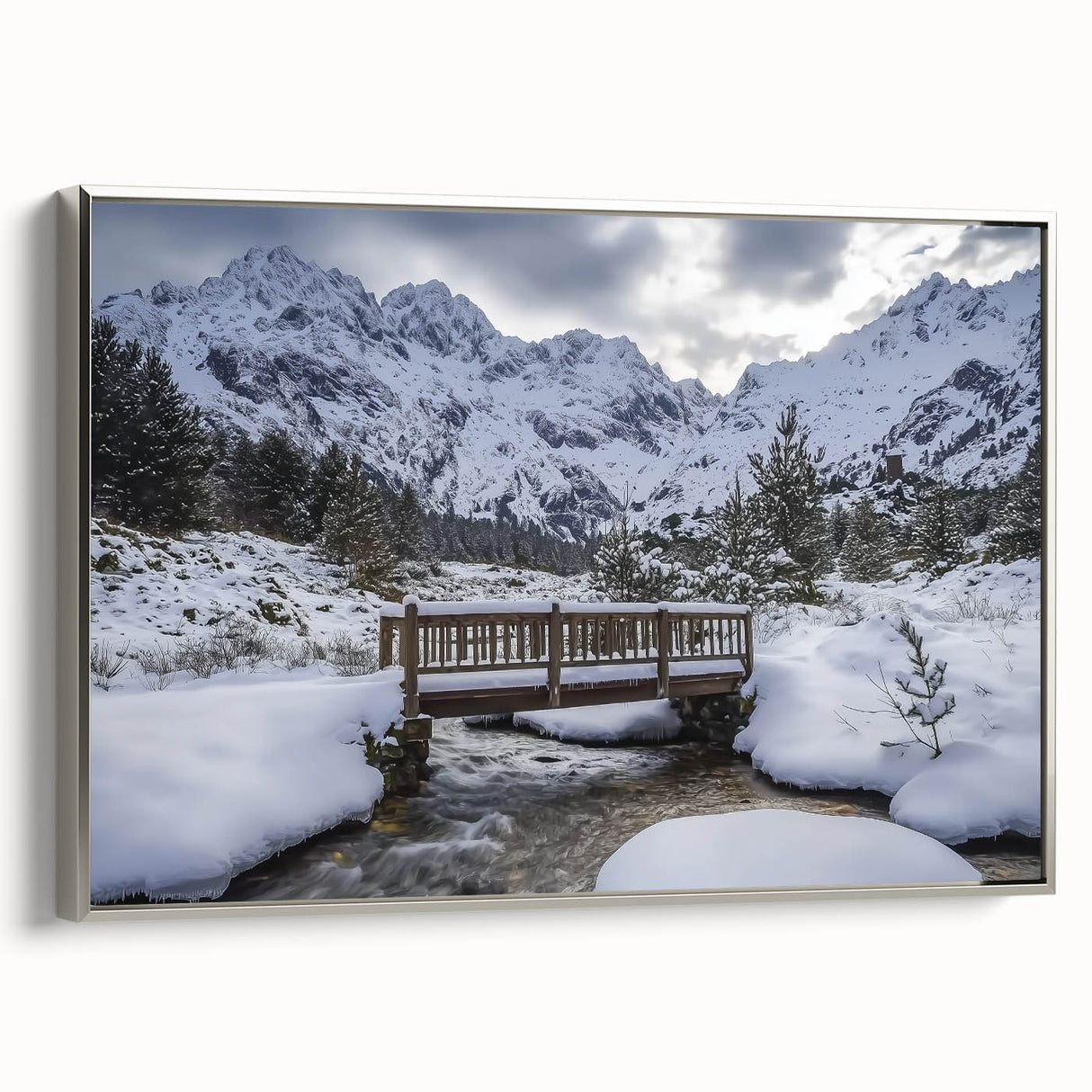 Framed canvas art print of a serene landscape bridge scene, featuring silver accents and a detailed view showcasing reflection in water, ideal for home decor.