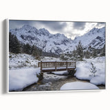 Framed landscape canvas artwork depicting a serene bridge scene in soft colors, showcasing intricate details and a white frame, ideal for home decor.