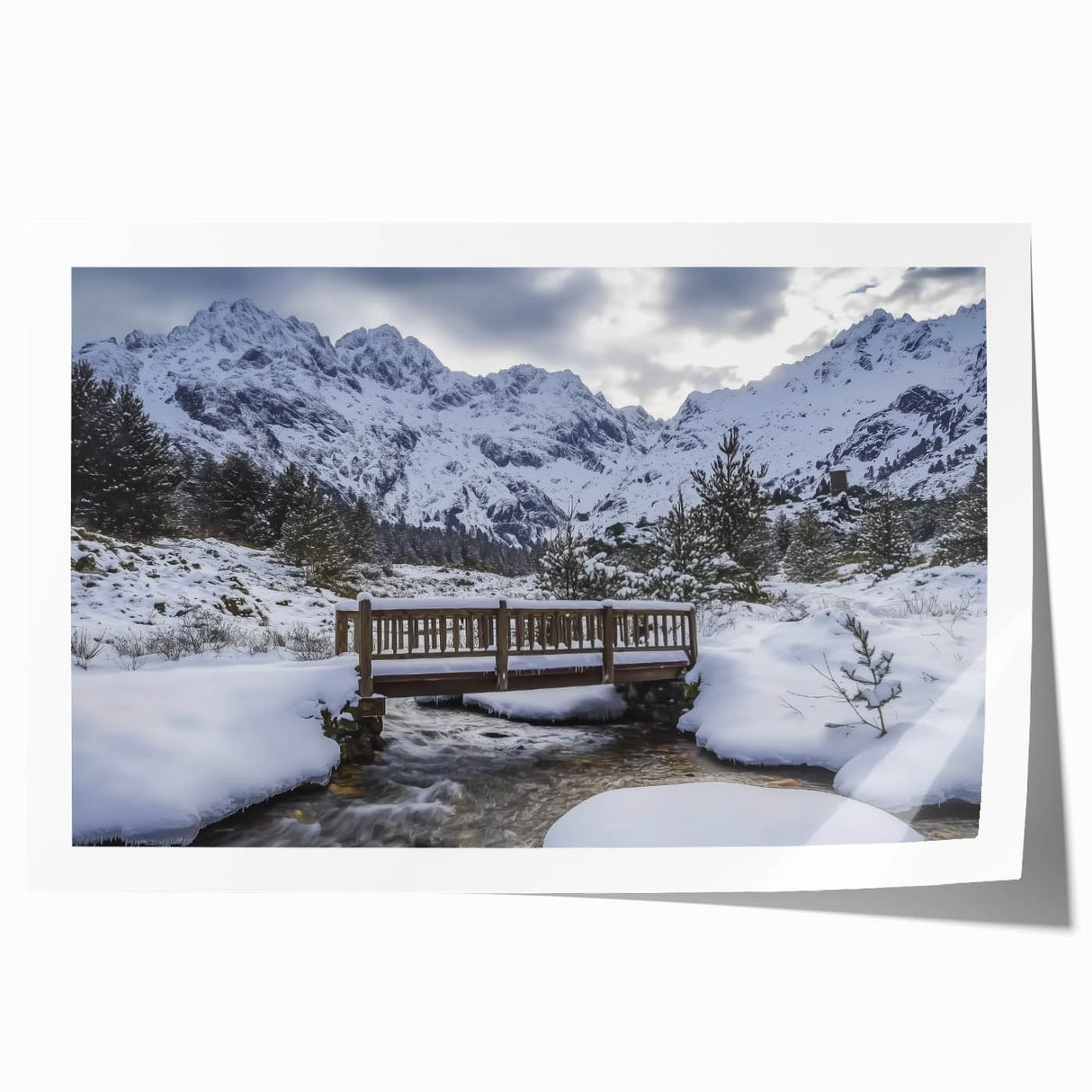 Landscape bridge artwork rolled print showcasing a serene nature scene with vibrant colors, carefully packaged in a protective cardboard tube for easy transport.