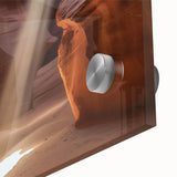 Close-up of an acrylic glass artwork showcasing vibrant landscape canyons, highlighting intricate details and textures, perfect for modern home decor.