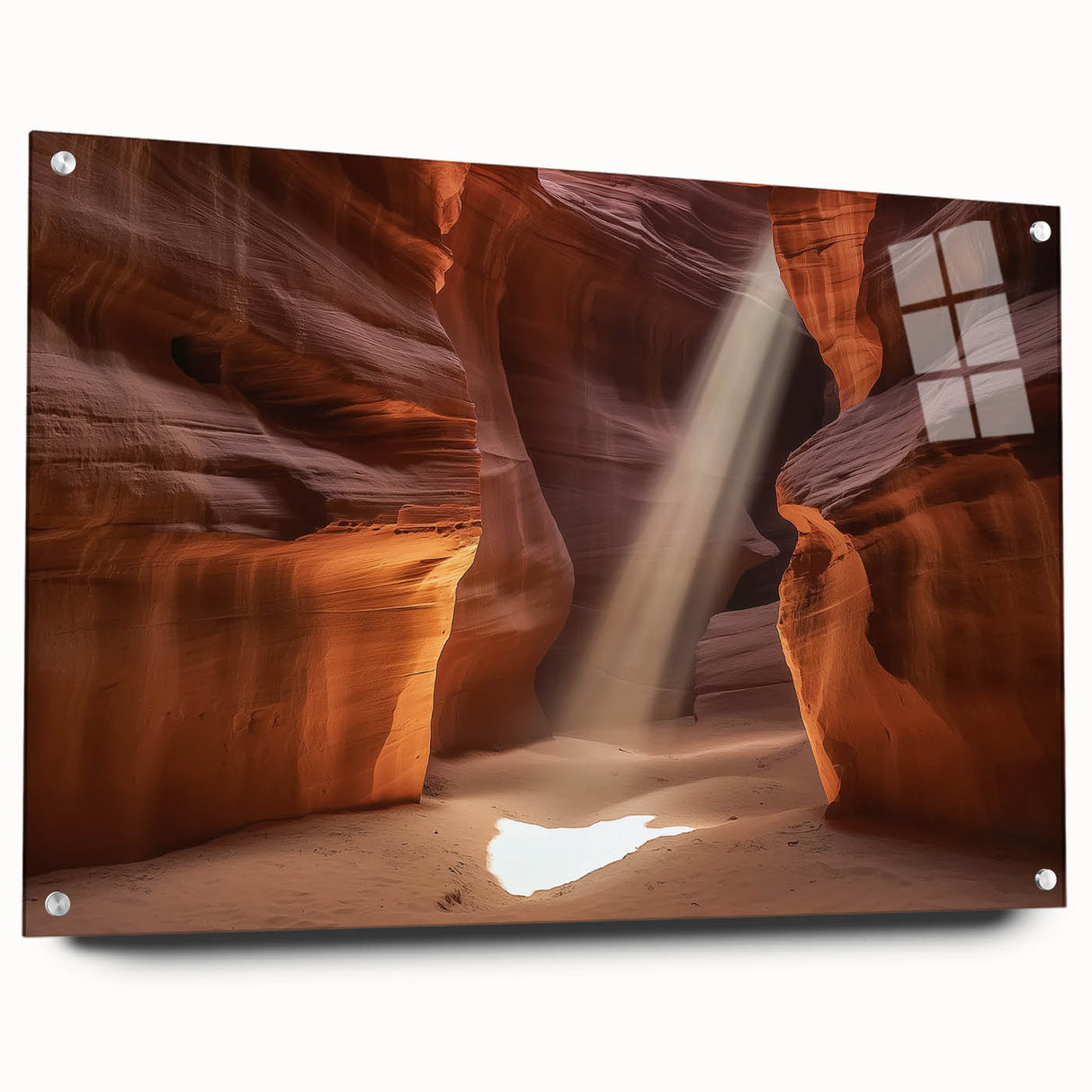 Acrylic glass artwork showcasing a stunning landscape of canyons in vibrant colors, displayed from a side view and secured with decorative pins. Ideal for modern home decor.