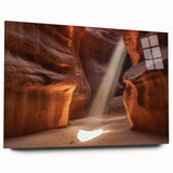 Acrylic glass artwork showcasing a stunning landscape of canyons in vibrant colors, viewed from the side, emphasizing depth and texture, ideal for modern decor.