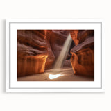 Landscape canyon artwork framed with a white mat, showcasing vibrant earthy tones and intricate details in a modern decor setting, perfect for home or office.