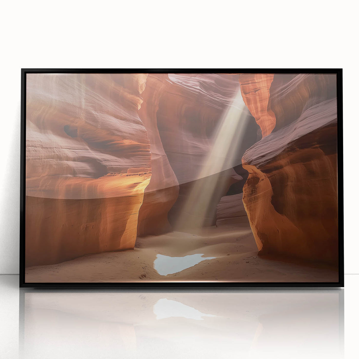Framed acrylic wall art featuring a stunning landscape of canyons, showcasing vibrant colors and intricate details, perfect for home or office decor.