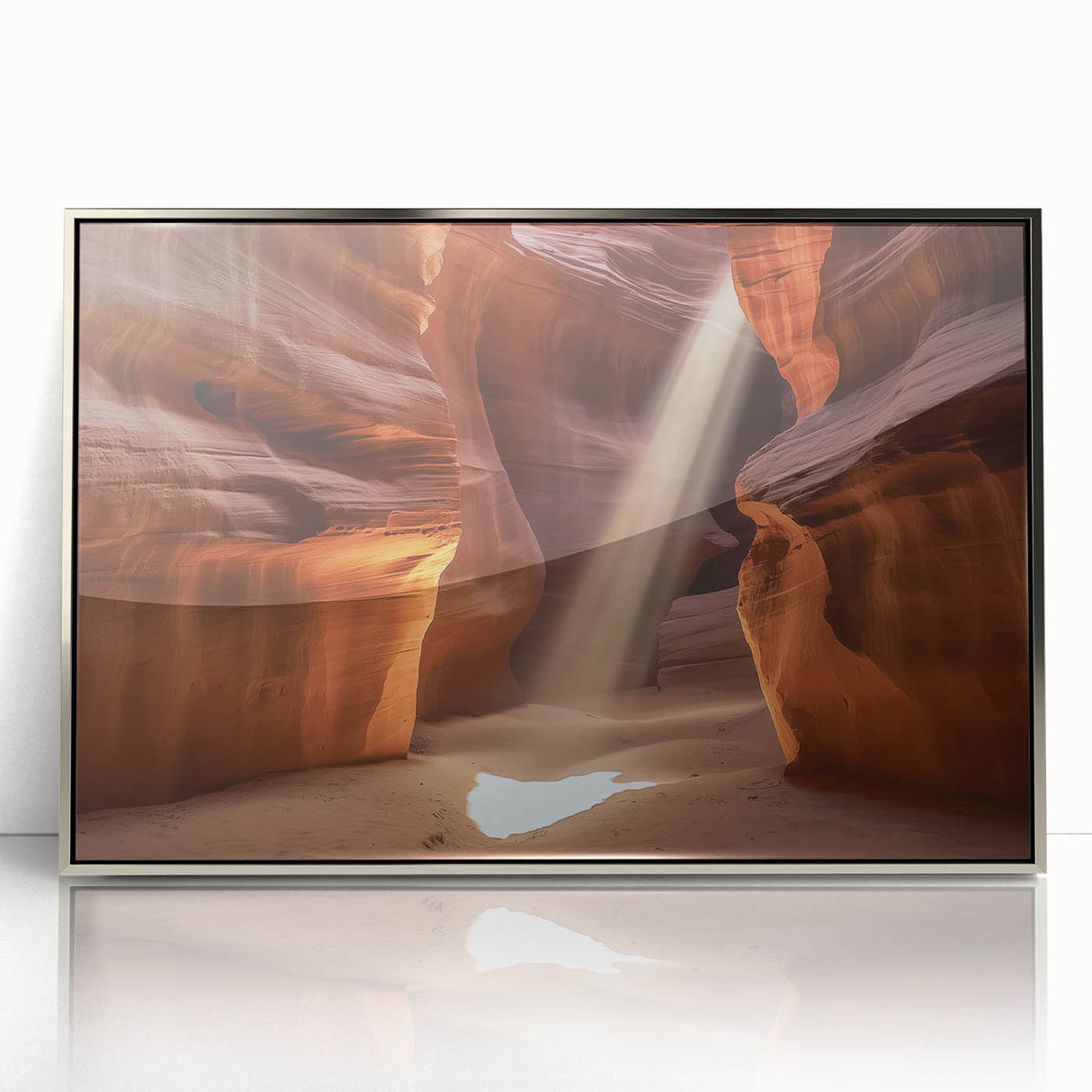 Framed acrylic artwork showcasing a stunning landscape of canyons in vibrant colors, featuring intricate details and a sleek silver frame, perfect for modern decor.