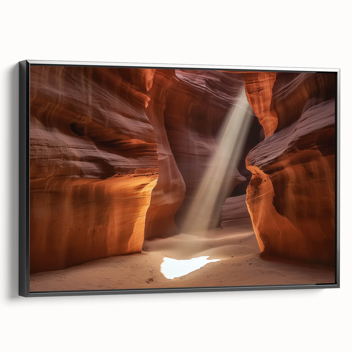 Framed canvas artwork depicting a stunning landscape of canyons, featuring earthy tones and intricate textures, with a sleek black frame enhancing its modern aesthetic. Ideal for home decor enthusiasts seeking a nature-inspired focal point.