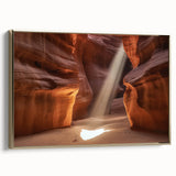 Framed canvas artwork depicting a stunning landscape of canyons with rich gold accents, showcasing intricate details and vibrant colors, ideal for home decor.