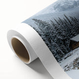 Rolled canvas depicting a serene countryside landscape with lush green fields and distant hills, elegantly packaged in a protective cardboard tube for safe transport.