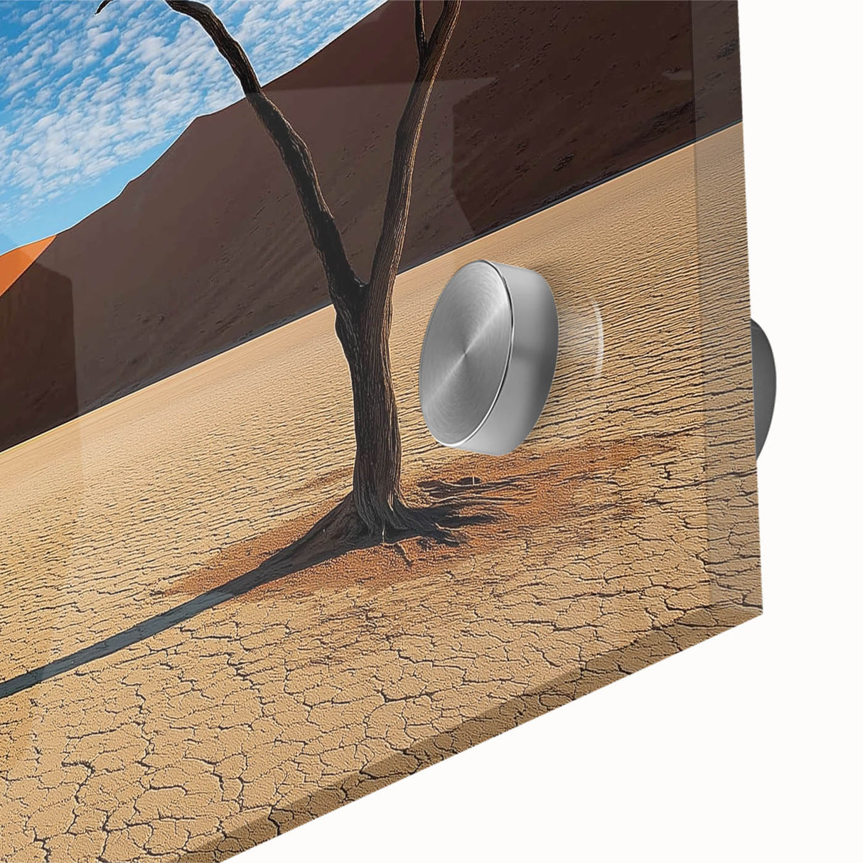 Close-up of a vibrant acrylic glass landscape artwork depicting a serene desert scene, showcasing warm hues of orange and yellow, perfect for modern home decor.