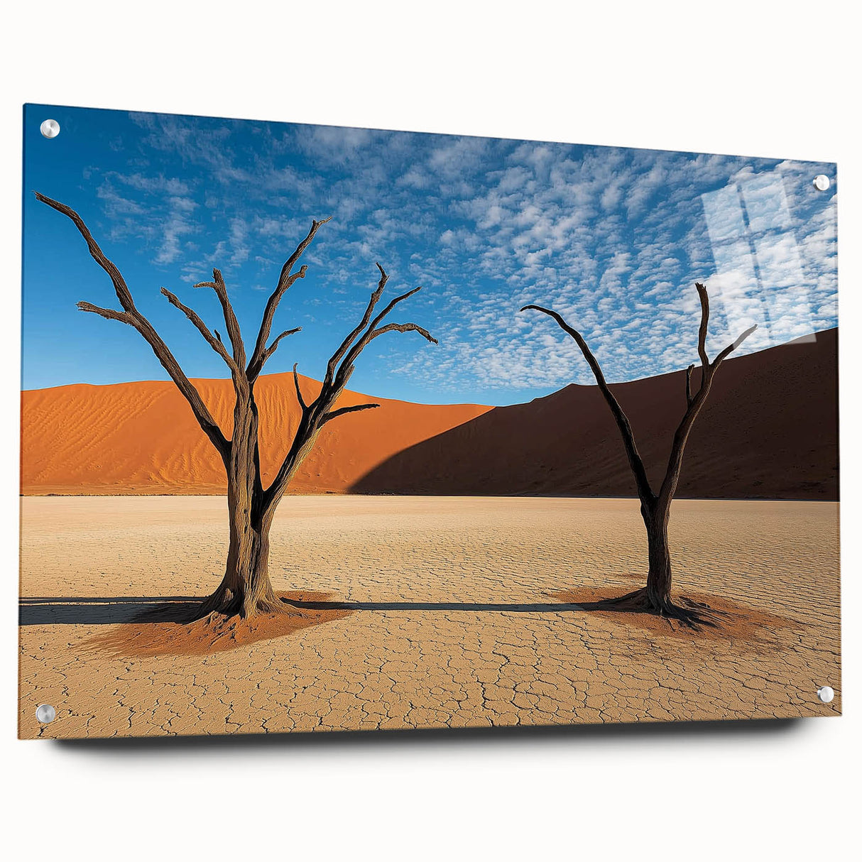 Desert landscape acrylic artwork displayed in a glass frame, showcasing vibrant colors and intricate details, ideal for modern home décor.