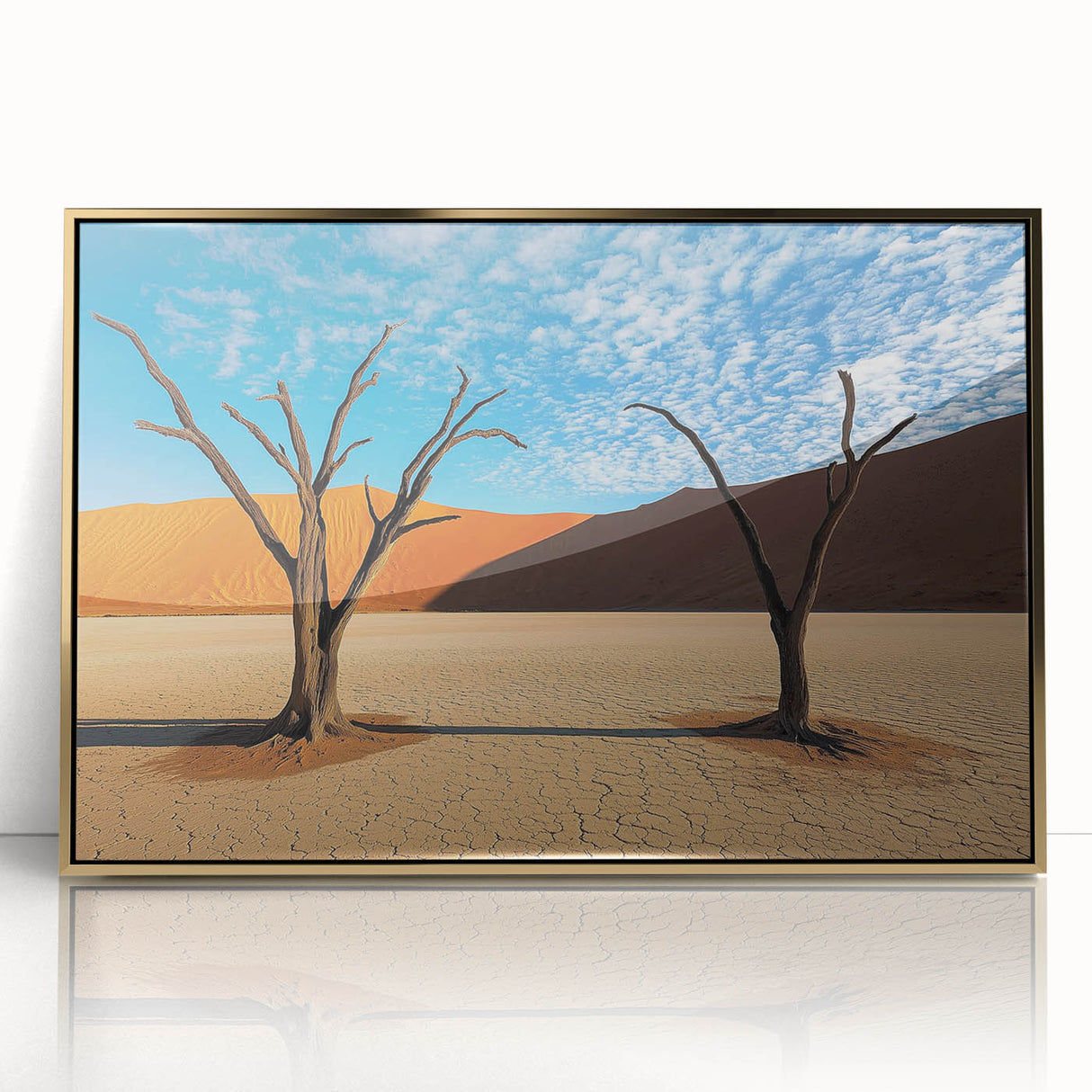 Framed acrylic wall art depicting a vibrant desert landscape with golden hues, perfect for modern home decor. Ideal for enhancing living spaces.