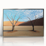 Framed acrylic artwork showcasing a stunning desert landscape with vibrant colors, set in a sleek silver frame, perfect for modern home decor.
