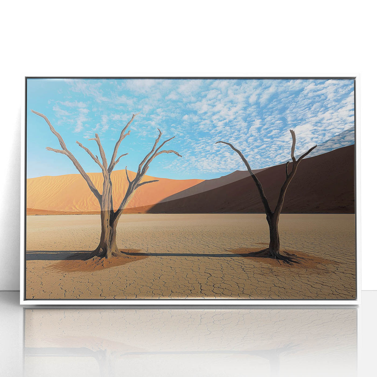 Framed acrylic artwork depicting a serene desert landscape with warm hues of orange and beige. Ideal for modern home decor, enhancing any living space's aesthetic.