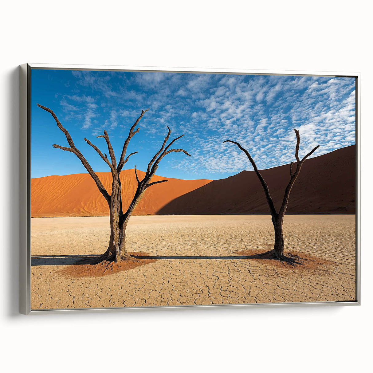 Framed canvas artwork showcasing a serene desert landscape with silver accents, highlighting warm earth tones and detailed textures, perfect for modern home decor.