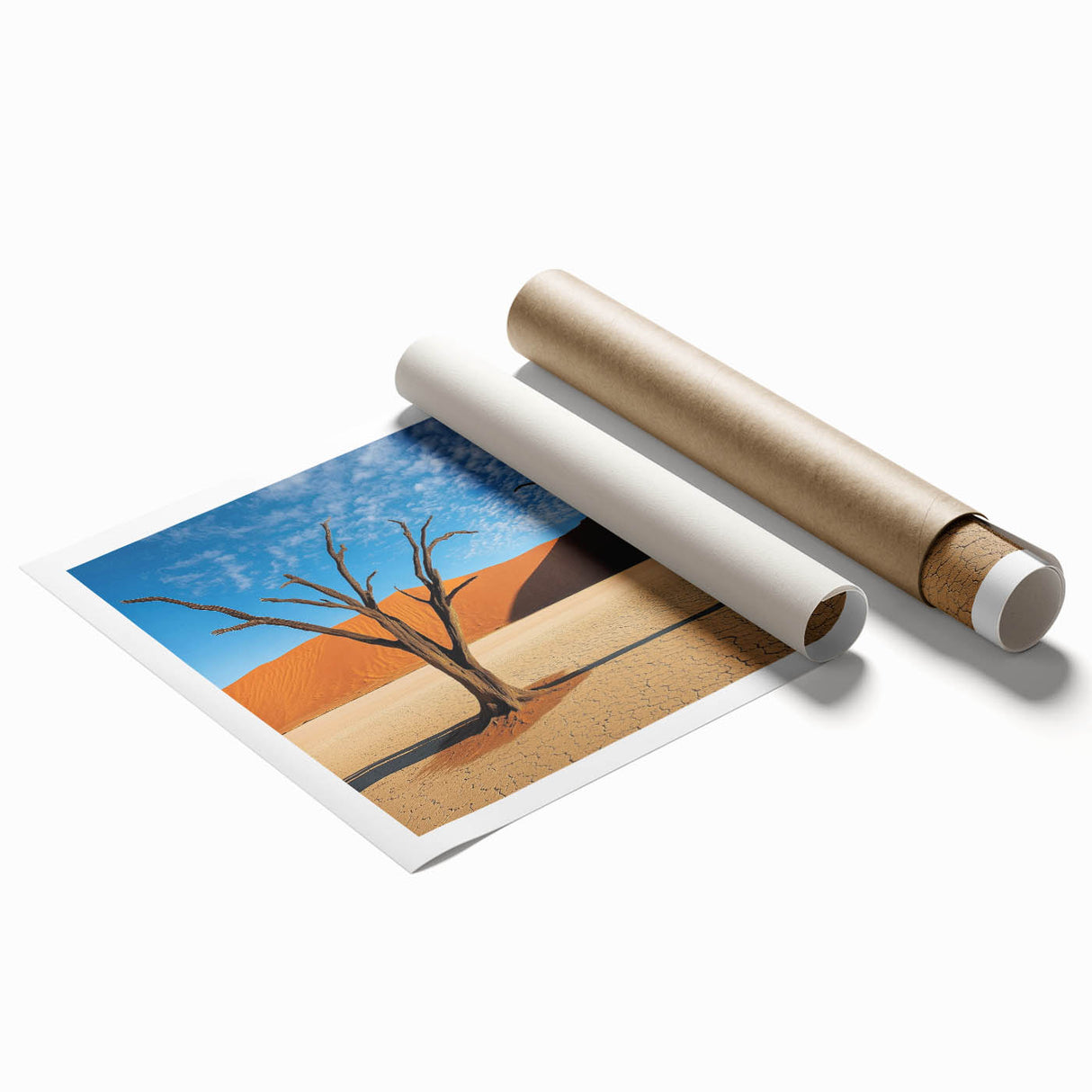Desert landscape rolled print showcasing vibrant warm tones of ochre and sandy beige, elegantly packaged in a protective tube for art enthusiasts.