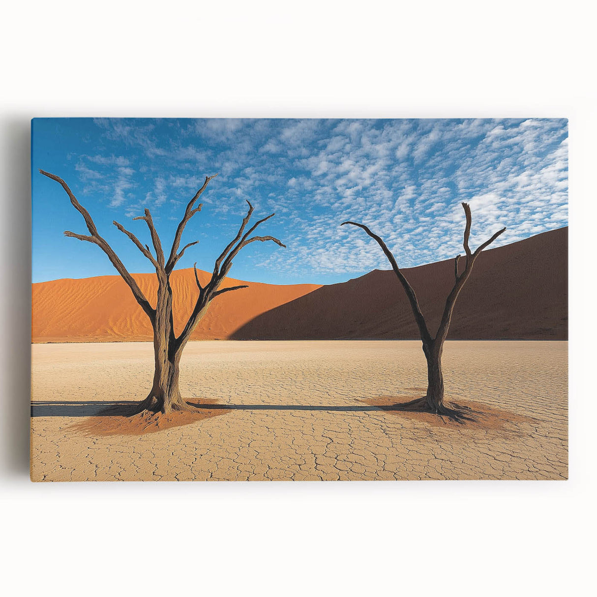 Desert landscape stretched canvas art showcasing vibrant sandy hues and a vivid sunset, perfect for modern home decor. Ideal for creating a serene atmosphere.