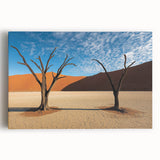 Desert landscape stretched canvas art showcasing vibrant sandy hues and a vivid sunset, perfect for modern home decor. Ideal for creating a serene atmosphere.