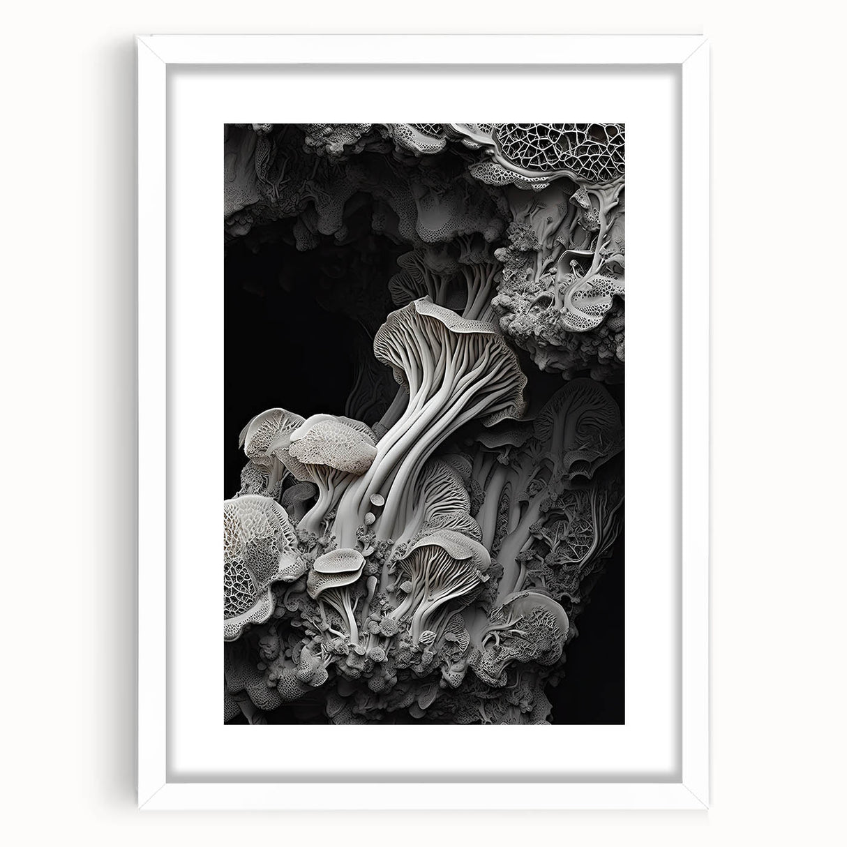 Abstract art print featuring natural elements in muted earth tones, framed in white.