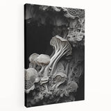 Close-up side view of a large stretched canvas featuring natural design elements in earthy tones.