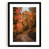 Extra large abstract art print featuring vibrant autumn colors on textured canvas, framed in black.