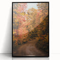 Large abstract wall art depicting autumnal trees in orange and brown hues, framed in black acrylic.