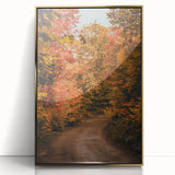 Mid-century modernist art depicting a fall scene in muted orange and brown tones, framed acrylic print.
