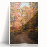 Art Deco style poster featuring a minimalist fall scene in muted orange and brown tones on a white acrylic framed print.