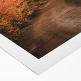 Art deco poster of a stylized fall landscape in orange and brown tones on rolled canvas, suitable for dining room decor.