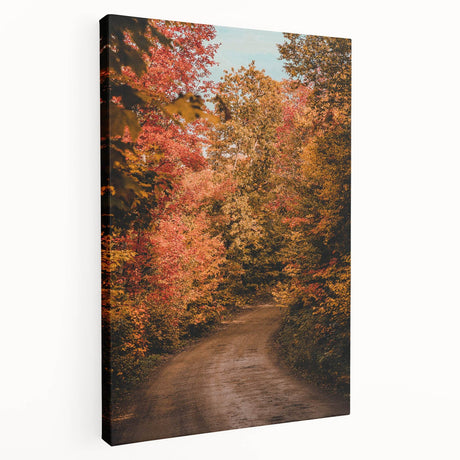 Side view of a large stretched canvas depicting a fall scene with warm orange and red tones, ideal for kitchen wall art.