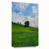 Large abstract wall art on acrylic glass depicting spring themes in soft green and pink tones.