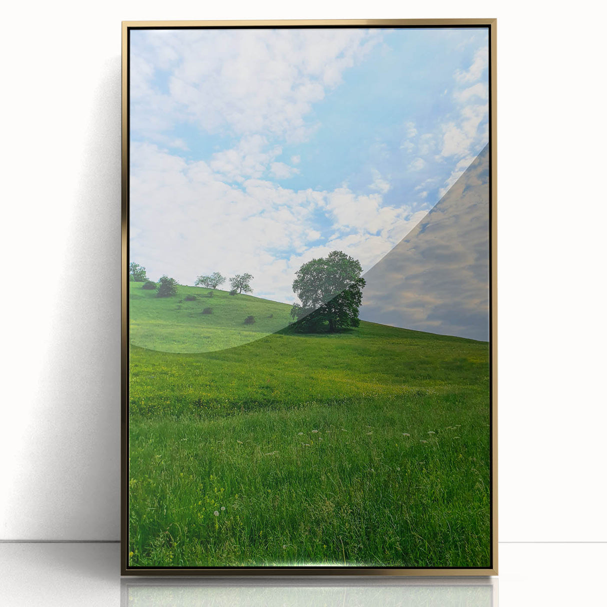 Large art print of a mid-century modernist spring scene in soft pastel colors on framed acrylic, ideal for nursery wall art.