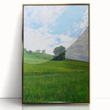 Large art print of a mid-century modernist spring scene in soft pastel colors on framed acrylic, ideal for nursery wall art.