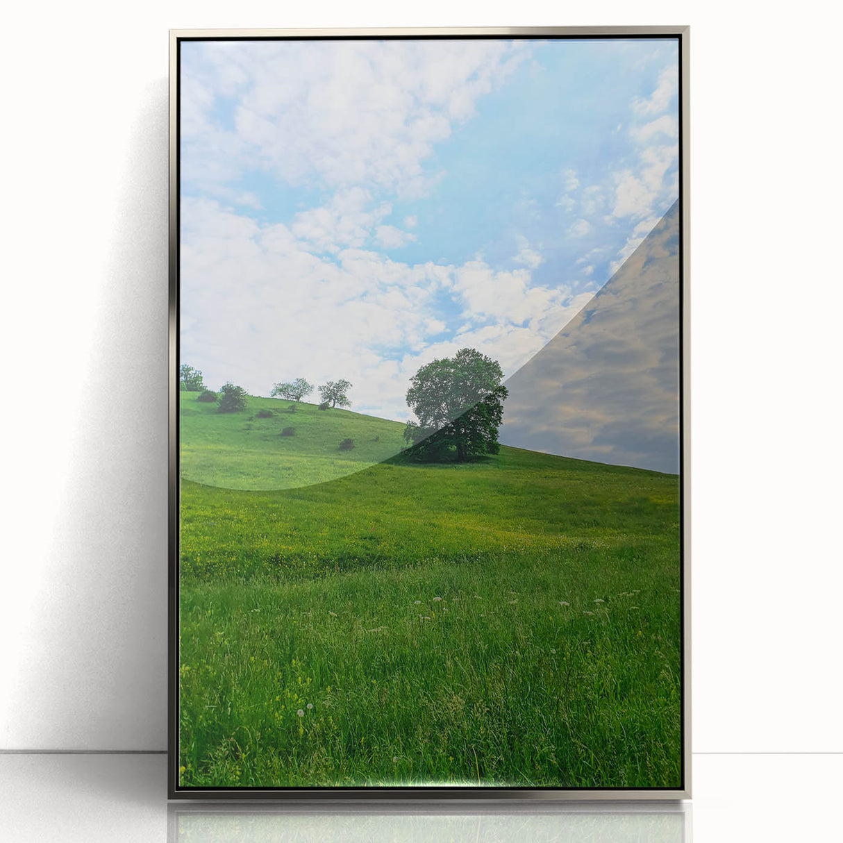 Mid-century modernist art depicting spring season in pastel shades on a silver-framed acrylic print.