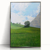 Mid-century modernist art depicting spring season in pastel shades on a silver-framed acrylic print.