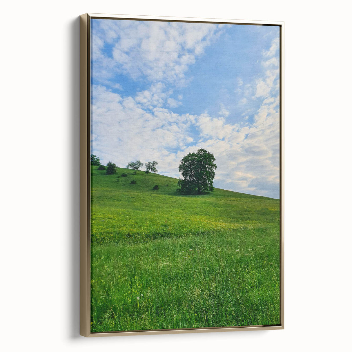 Spring landscape painting on framed canvas with muted green and gold tones, suitable as wall art for bedroom.