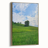 Spring landscape painting on framed canvas with muted green and gold tones, suitable as wall art for bedroom.