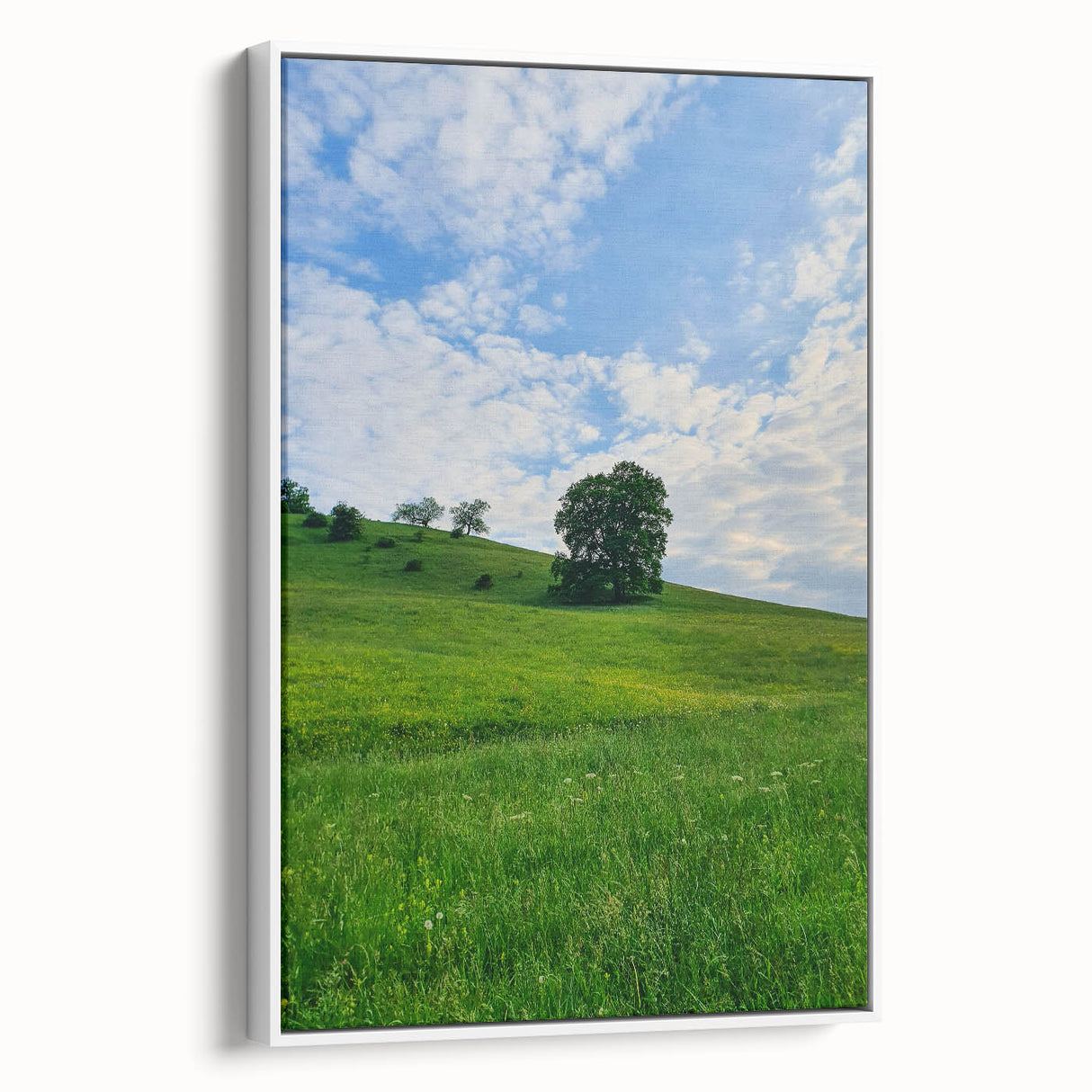 Vintage poster art of spring season, featuring colorful blooms on a black background, in a large white-framed canvas.