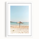 Abstract art print featuring vibrant orange and yellow tones on a white framed canvas, suitable for dining room decor.