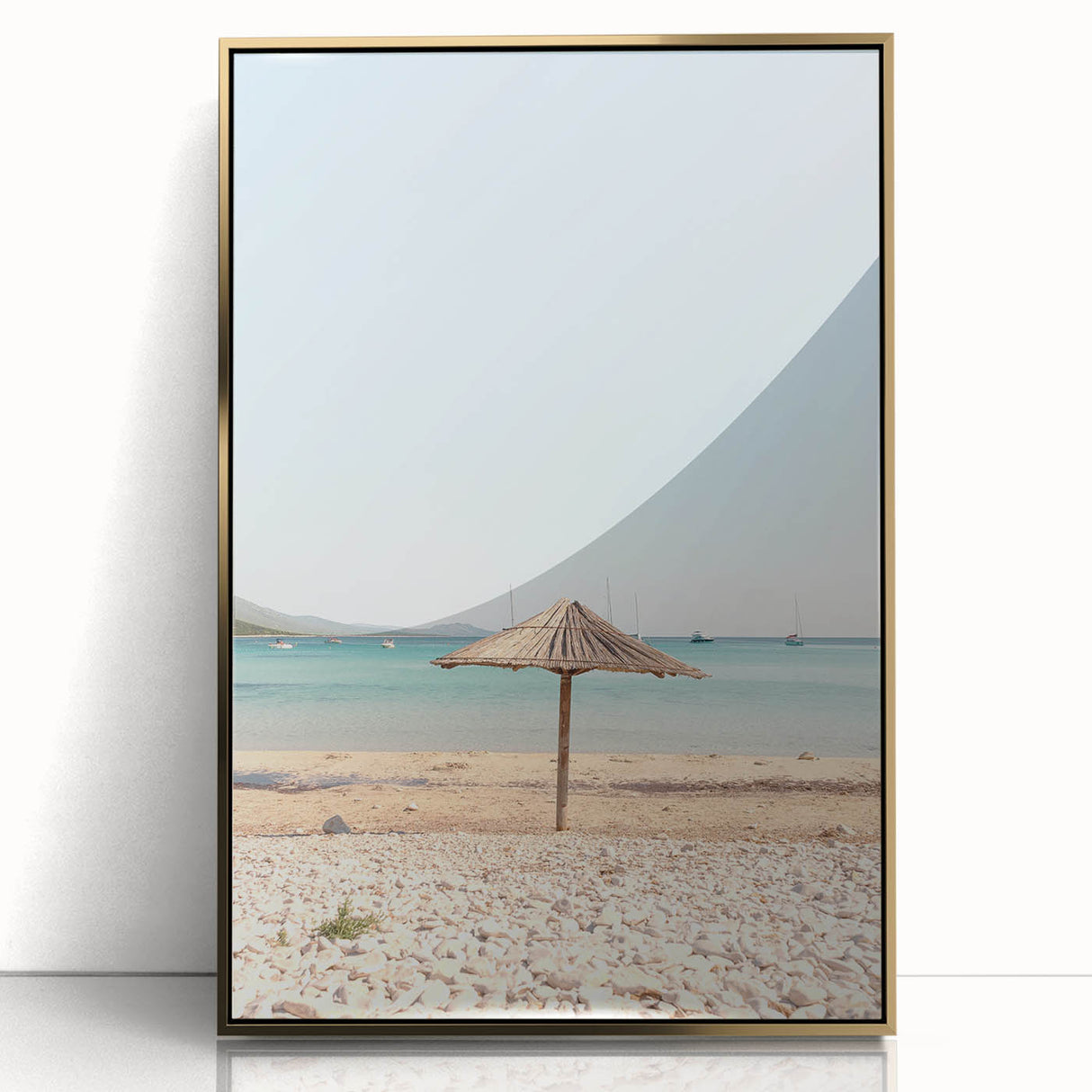 Large art print of a mid-century modernist summer scene on acrylic, framed in gold, ideal for modern art wall decor.