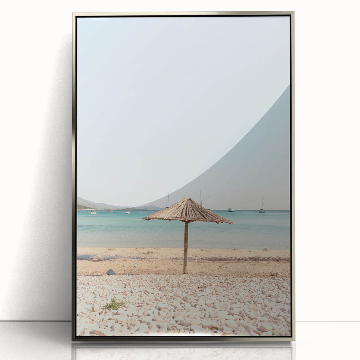 Mid-century modernist art depicting summer season in vibrant colors on a silver-framed acrylic, ideal for nursery wall art.