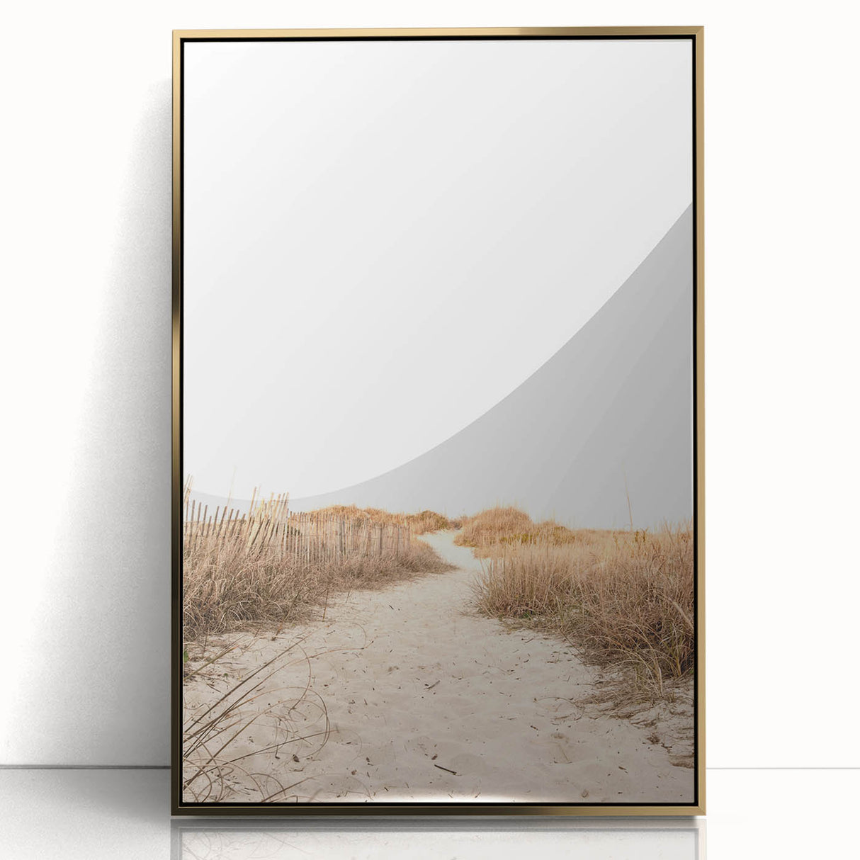 Large acrylic print of a mid-century modernist summer scene in gold and blue hues, suitable for nursery wall decor.