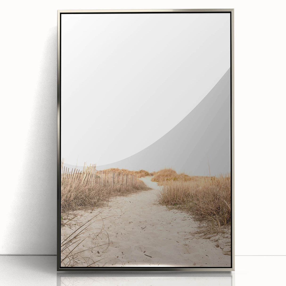 Mid-century modernist art deco poster, featuring geometric shapes in pastel shades on silver framed acrylic.