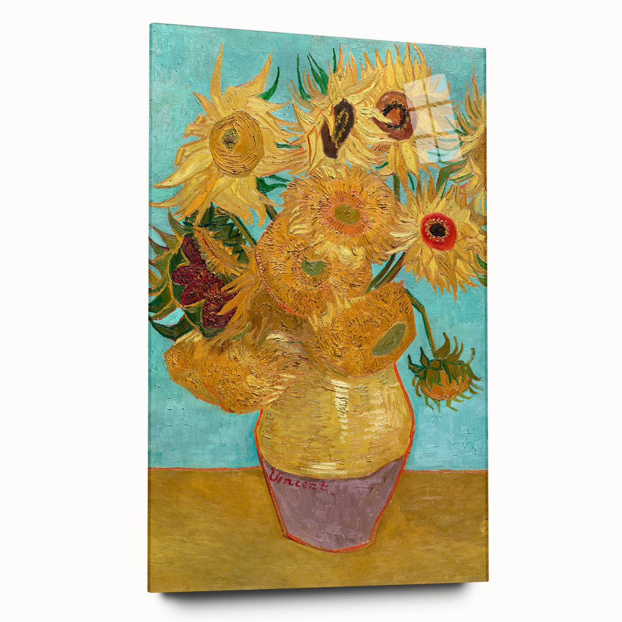 Side view of a large abstract wall art depicting a Van Gogh-inspired scene, printed on acrylic glass.
