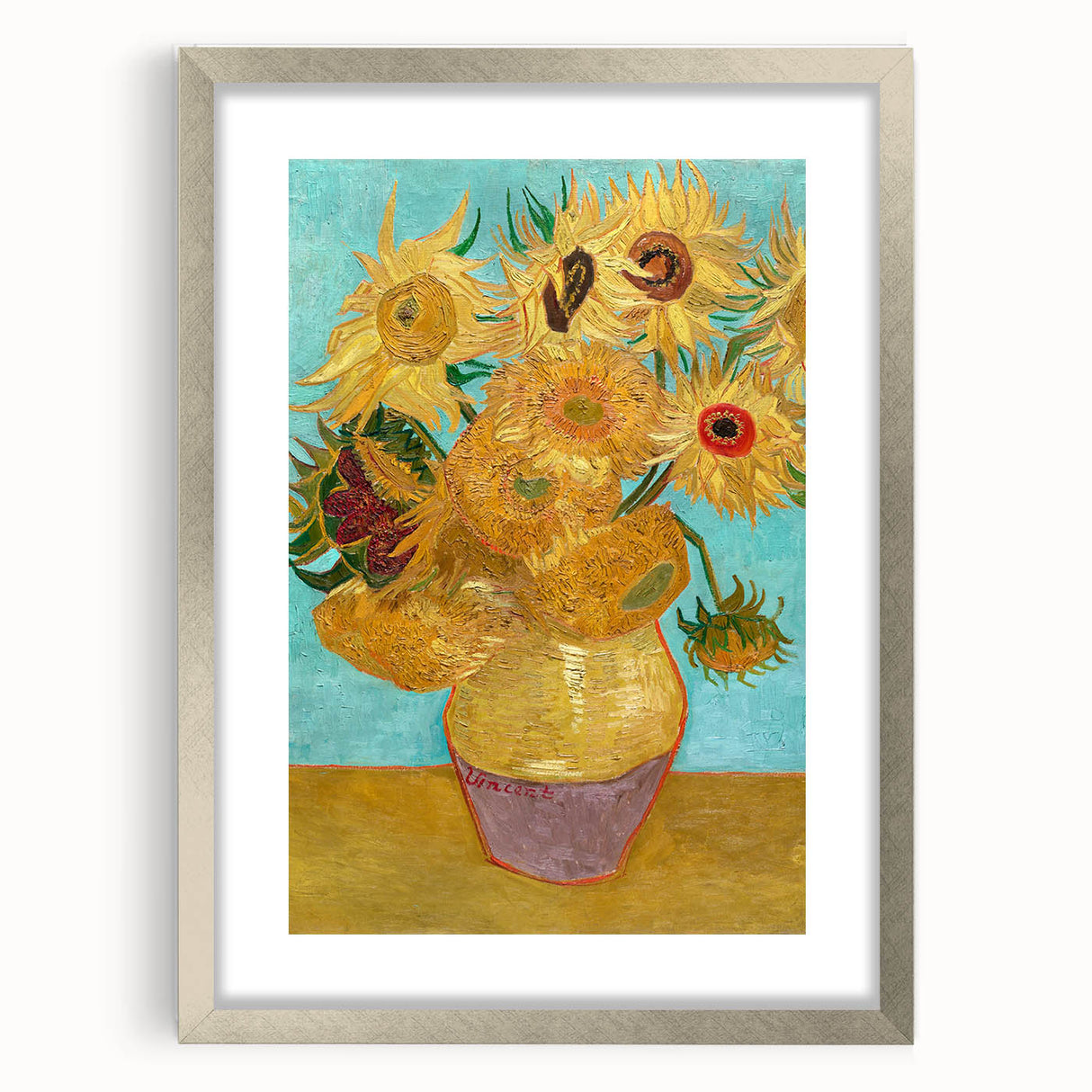 Extra large abstract art print featuring dynamic blue and yellow swirls on canvas, framed in silver.