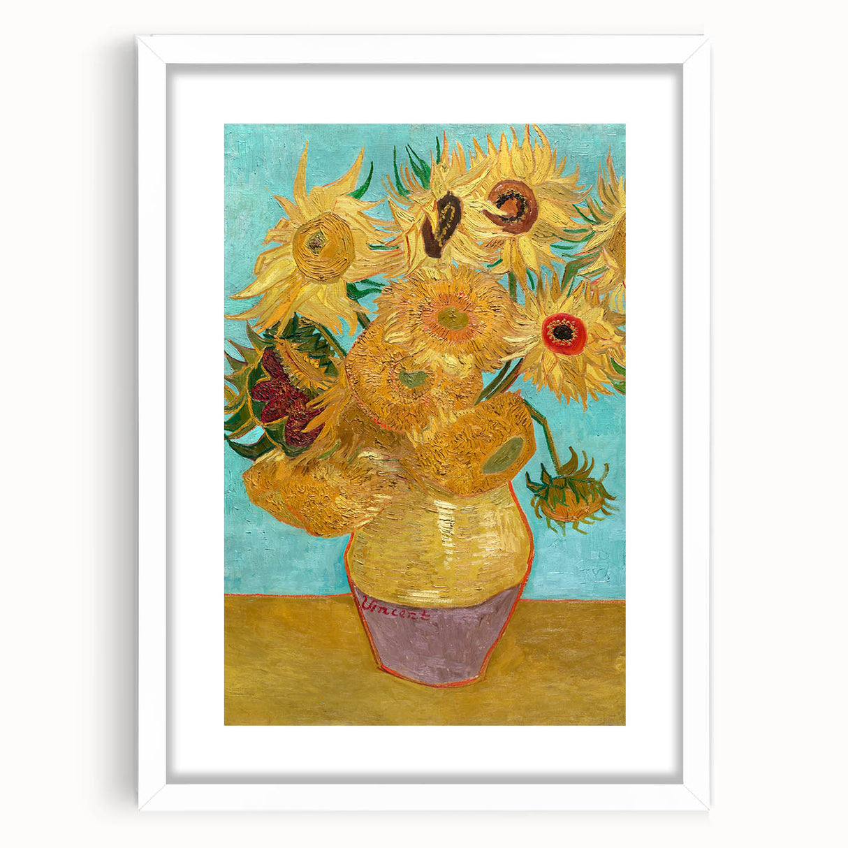 Textured abstract art print depicting swirling blue and yellow colors, framed in white, ideal for bedroom wall decor.