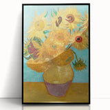 Large abstract wall art print featuring swirling blue and yellow patterns on acrylic, framed in black.