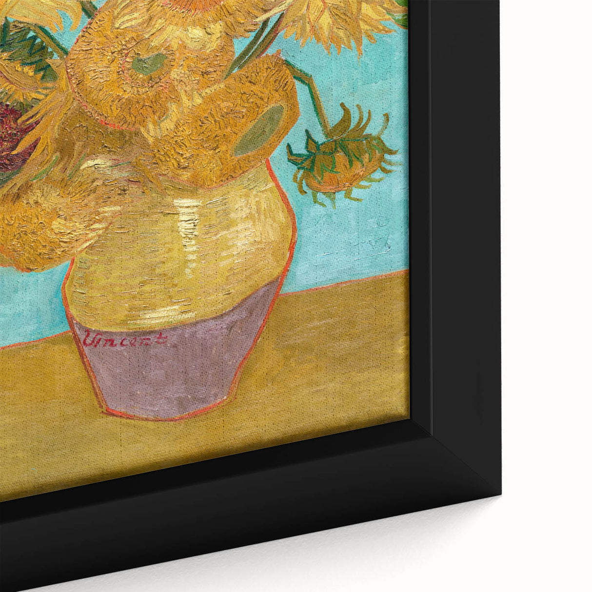 Close-up of a textured, extra large framed canvas depicting a colorful, abstract design, ideal for living room wall art.