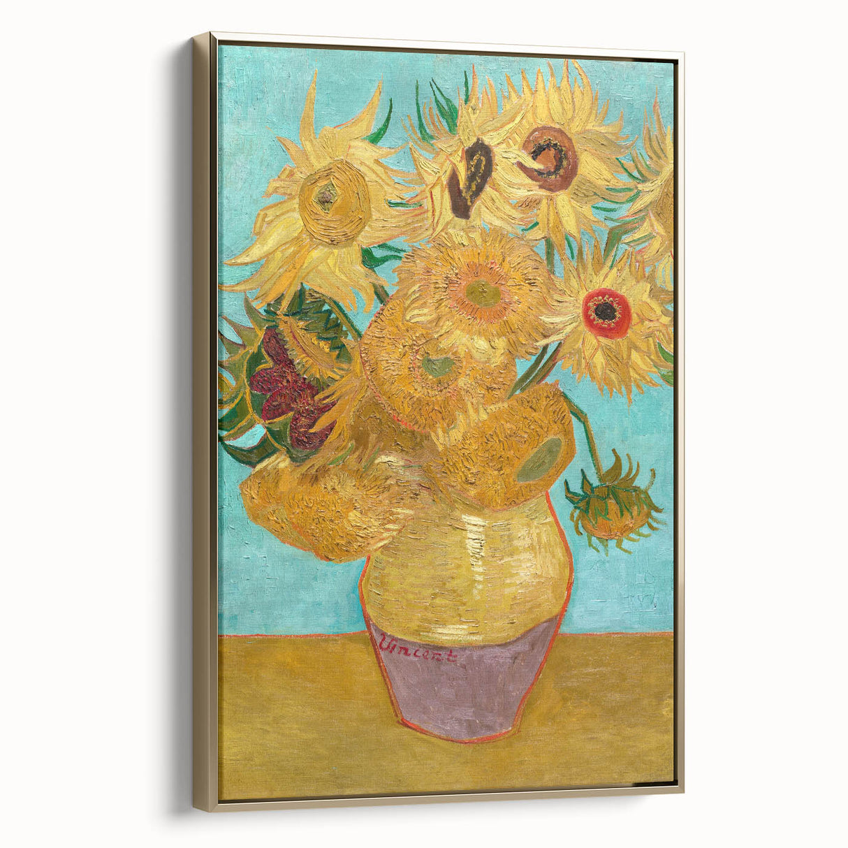 Side view of a framed canvas depicting Van Gogh's landscape in muted gold and black, suitable for bedroom wall art.